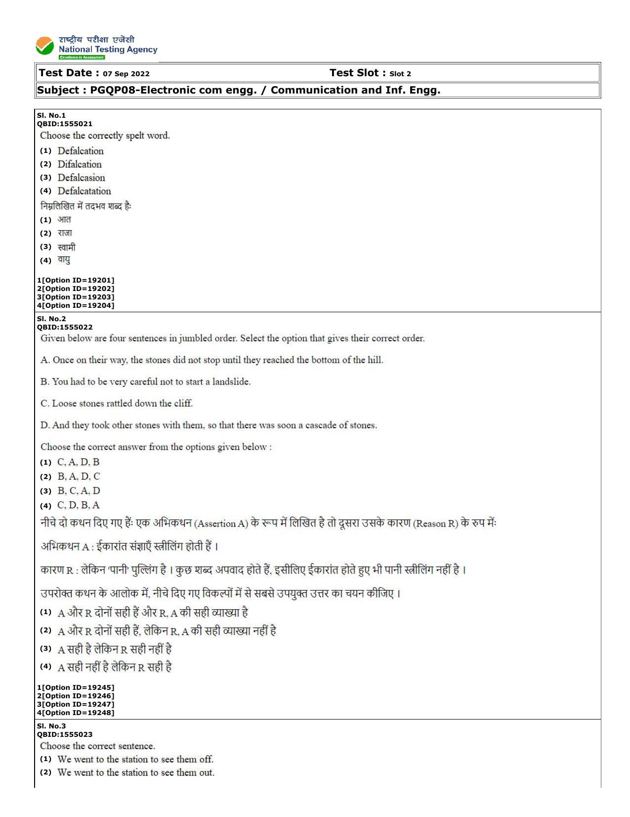 CUET (PG) 2022: PGQP-08 Electronic com engg. _ Communication and Inf. Engg (07-09-2022) Question Paper - Page 1