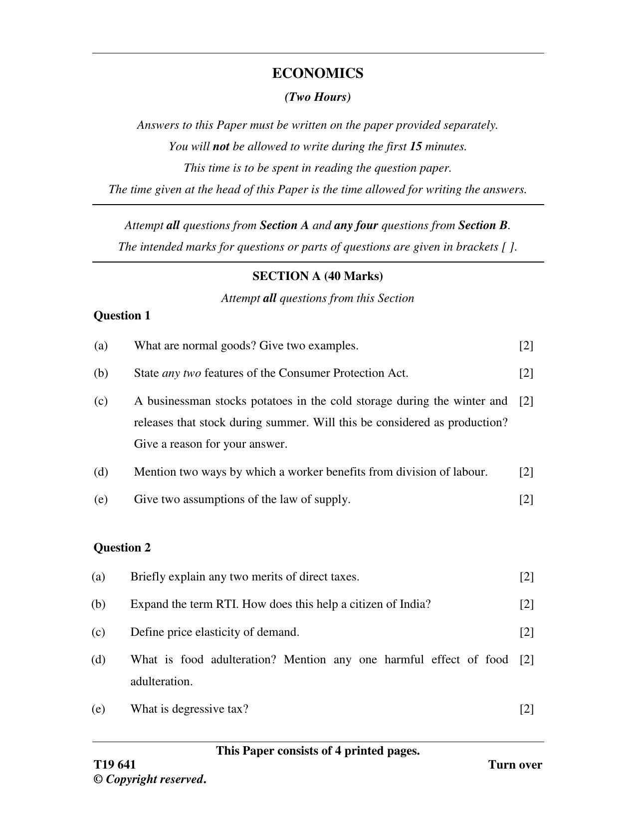 ISC Class 12 2019 Economics Question Paper - Page 1