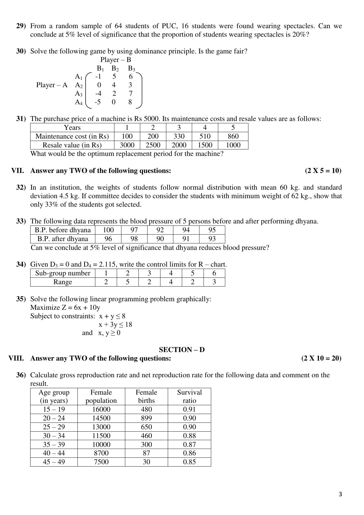 Karnataka II PUC Statistics Model Question Paper I 2025 - Page 3