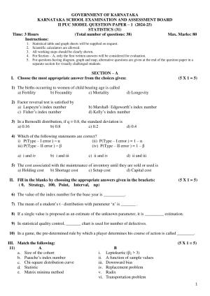 Karnataka II PUC Statistics Model Question Paper I 2025