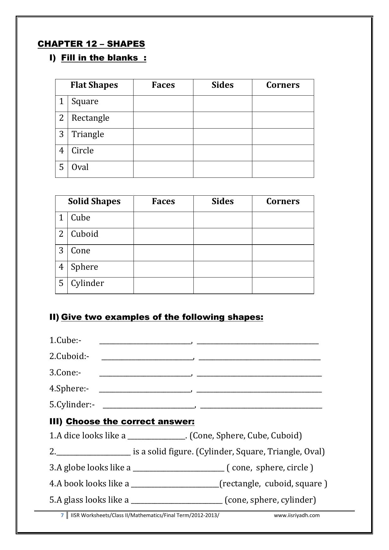 Worksheets for Class 2 Maths Assignment 125 Shapes - Page 1