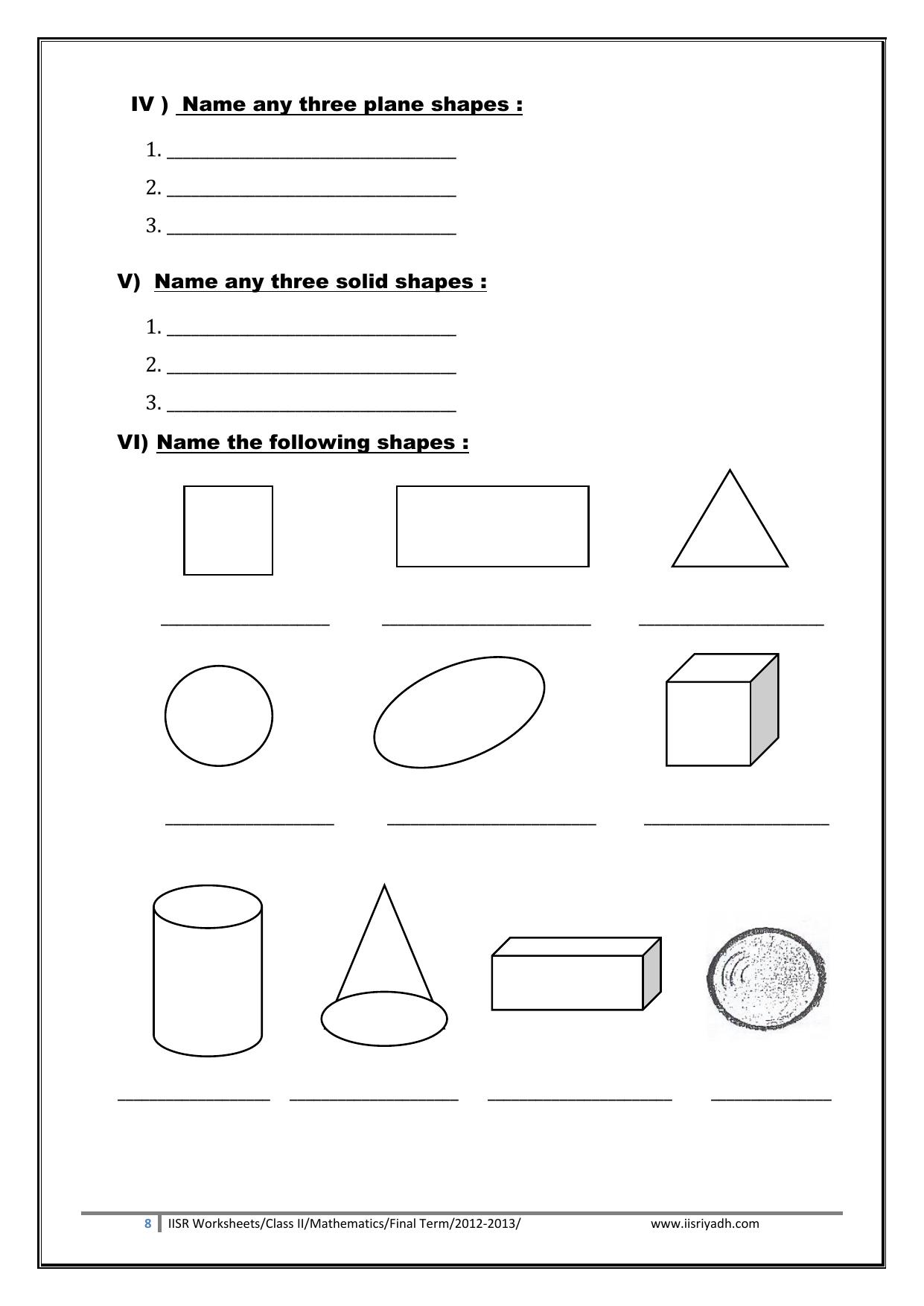 Worksheets for Class 2 Maths Assignment 125 Shapes - Page 2