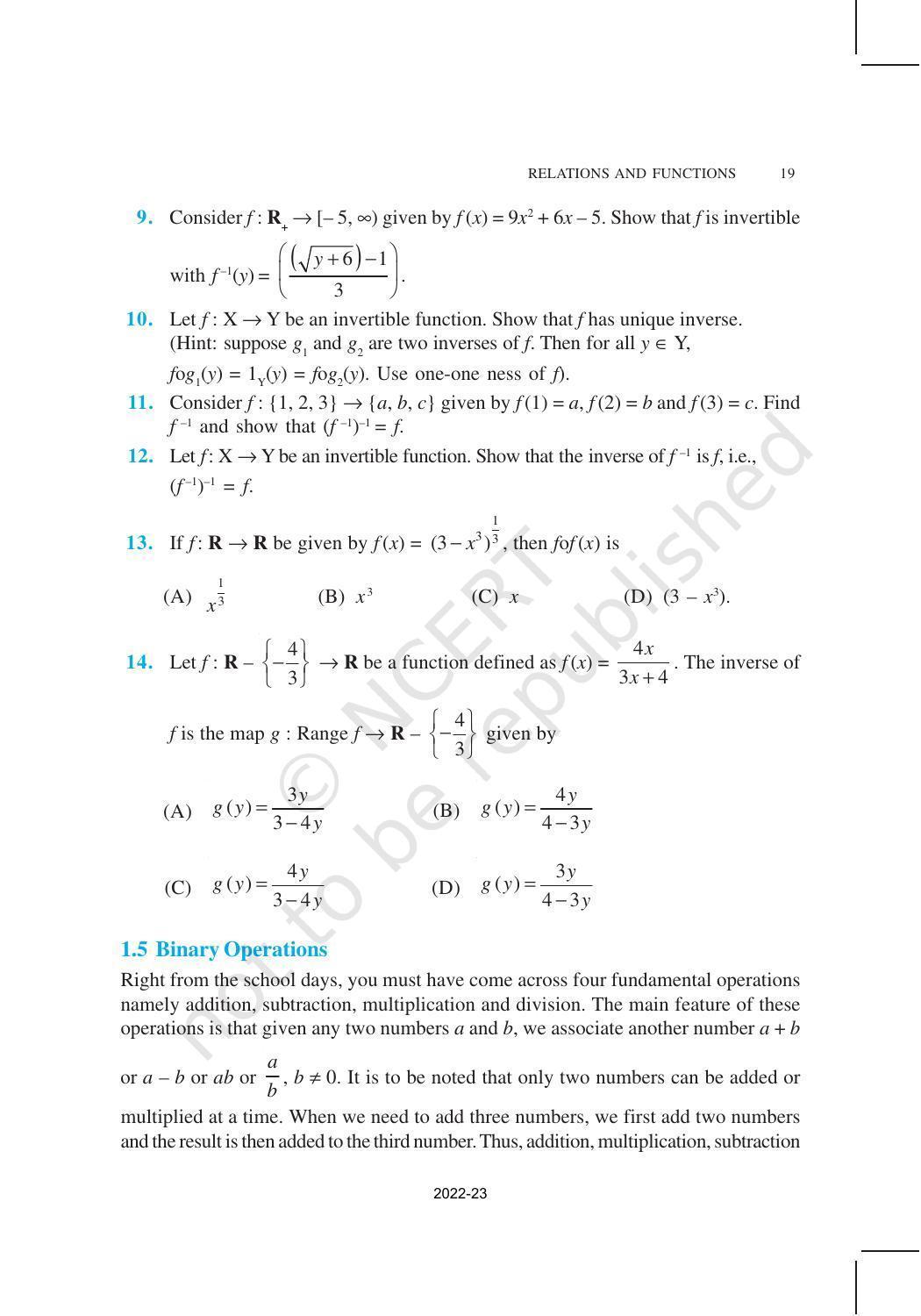 NCERT Book for Class 12 Maths Chapter 1 Relation and Functions ...