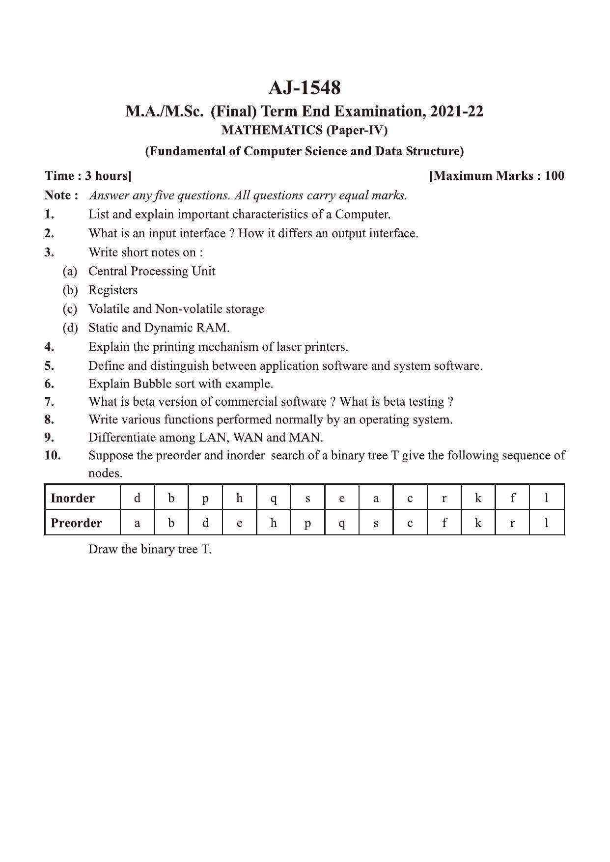 Bilaspur University Question Paper 2021-2022:M.A (Final) Mathematics Fundamental Of Computer Science & Data Structure Paper 1 - Page 1