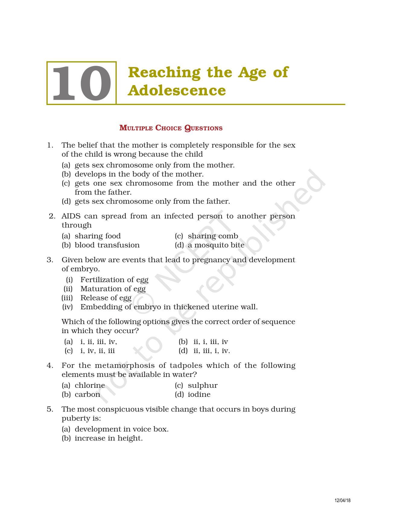 NCERT Exemplar Book for Class 8 Science: Chapter 10- Reaching the Age of Adolescence - Page 1