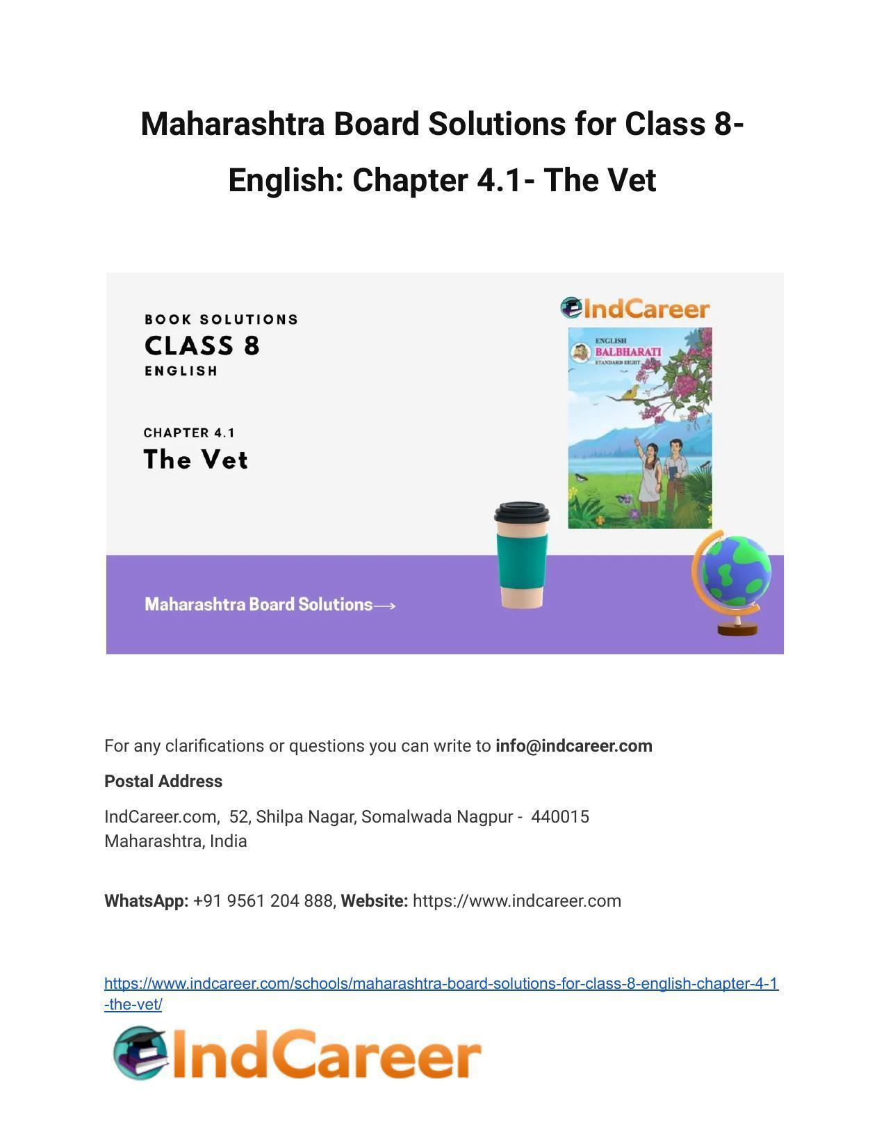Maharashtra Board Solutions for Class 8- English: Chapter 4.1- The Vet - Page 1