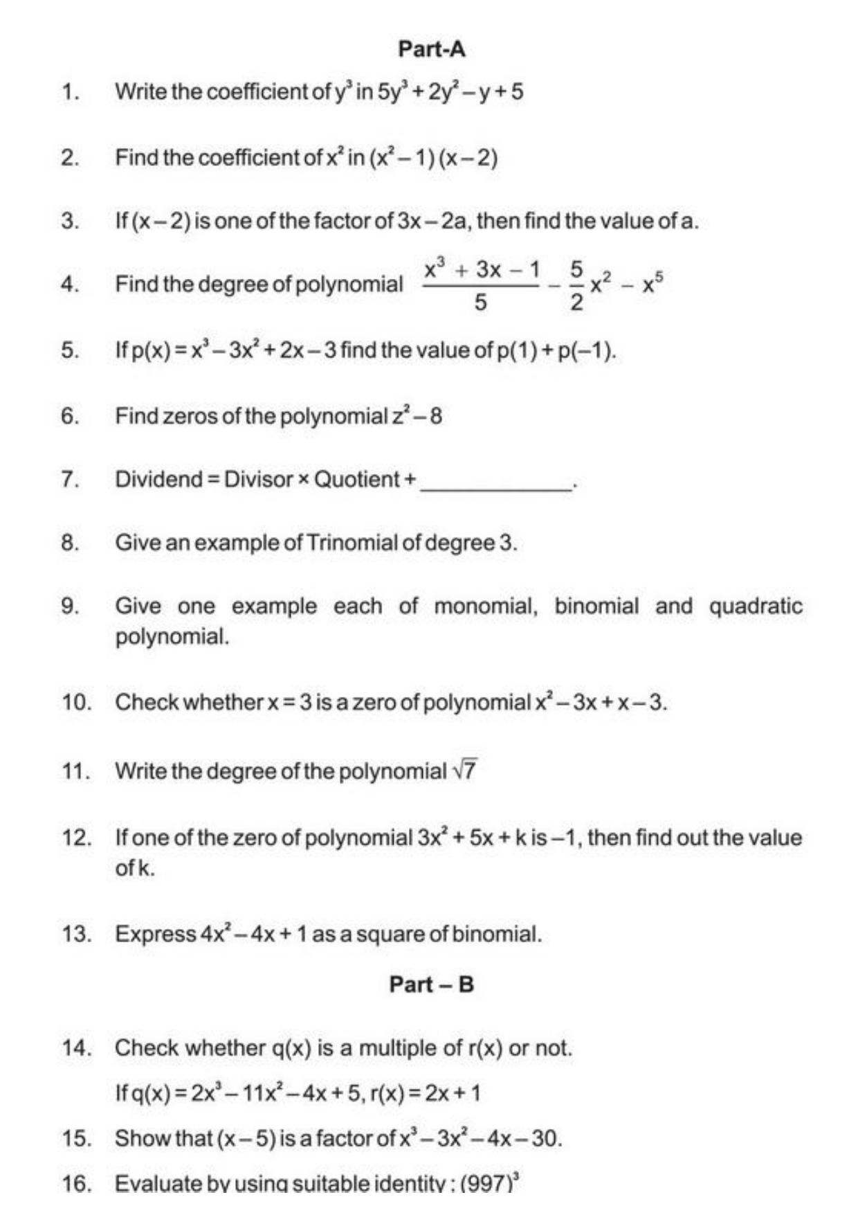 Class 9 Notes, Question & Practice Paper - Mathematics (Topic 2 : Polynomials) - Page 6