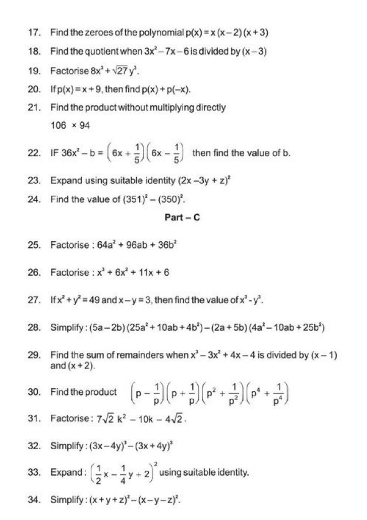 Class 9 Notes, Question & Practice Paper - Mathematics (Topic 2 : Polynomials) - Page 7