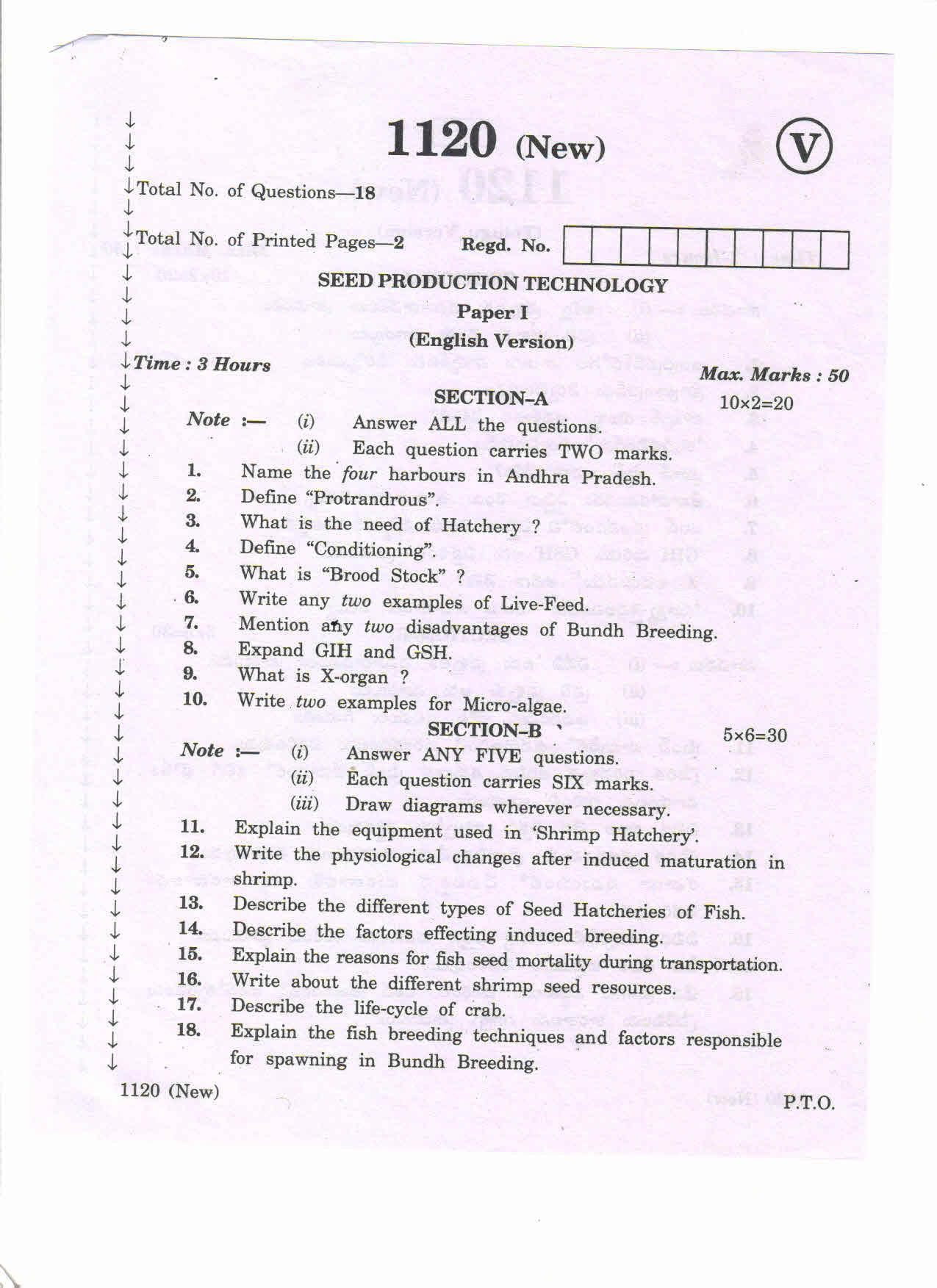 AP Inter 2nd Year Vocational Question Paper March - 2020 - Seed Production Technology-I - Page 1