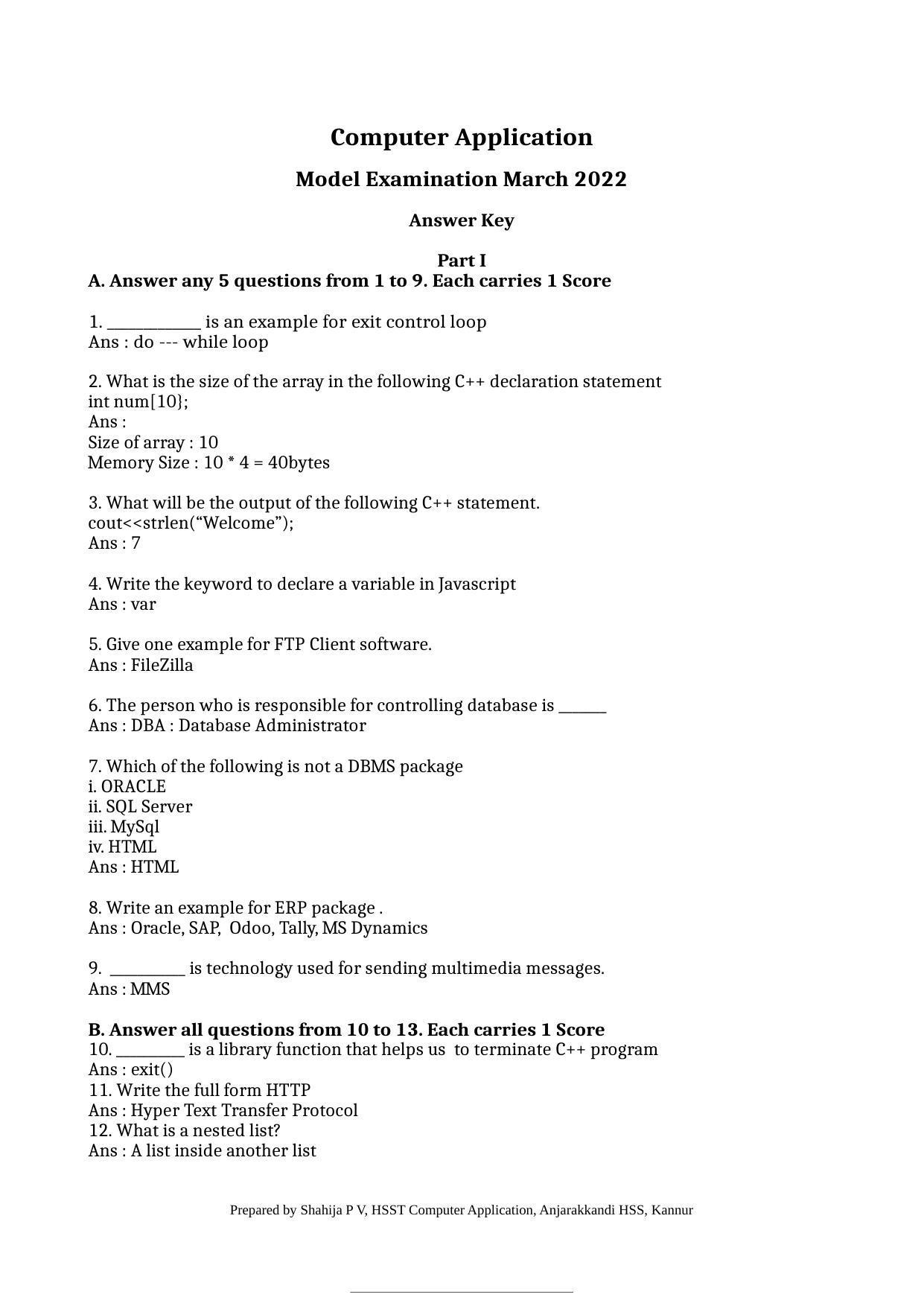  Kerala Plus Two 2022 Computer Application (Commerce) Model Answer Key - Page 1