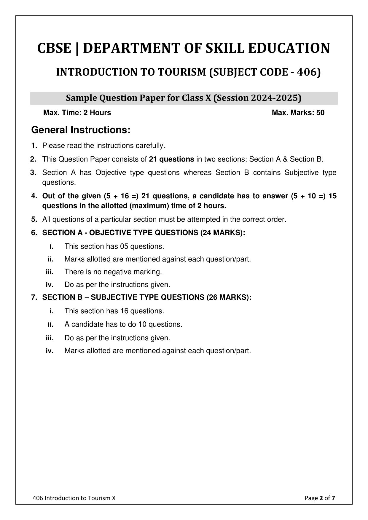 CBSE Class 10 Introduction To Tourism Sample Paper 2025 - Page 2
