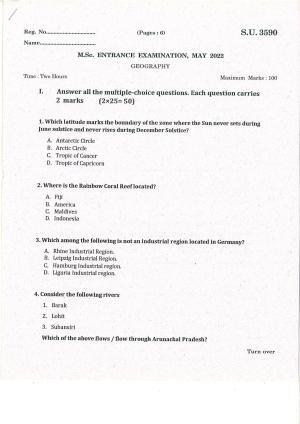 SSUS Entrance Exam Geography 2022 Question Paper