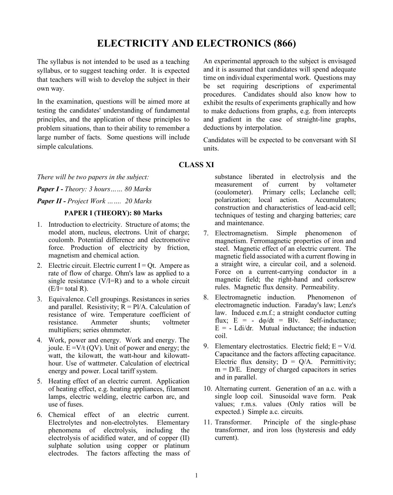 ISC Class XI & XII Electricity and Electronics 2025 Syllabus - Page 1