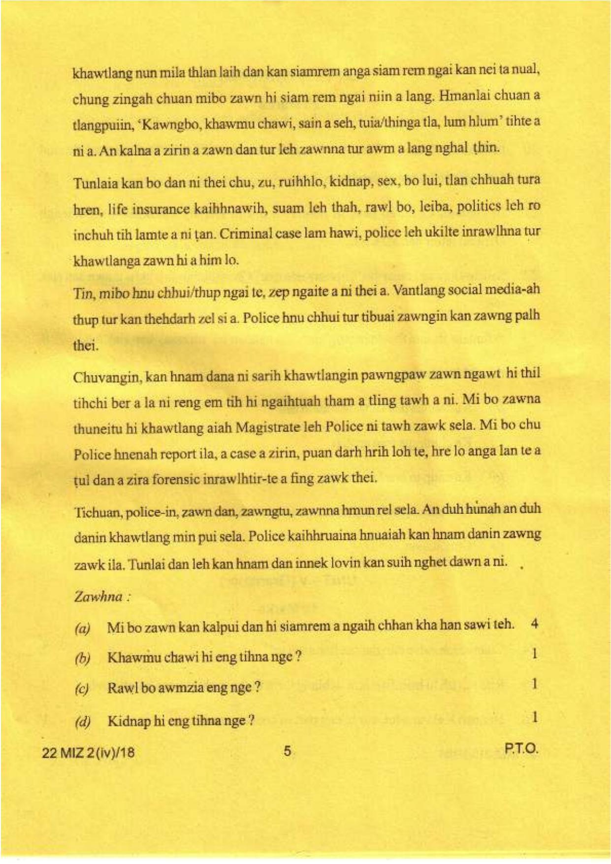 COHSEM Class 12 Mizo (M.I.L.) 2018 Question Papers - Page 5