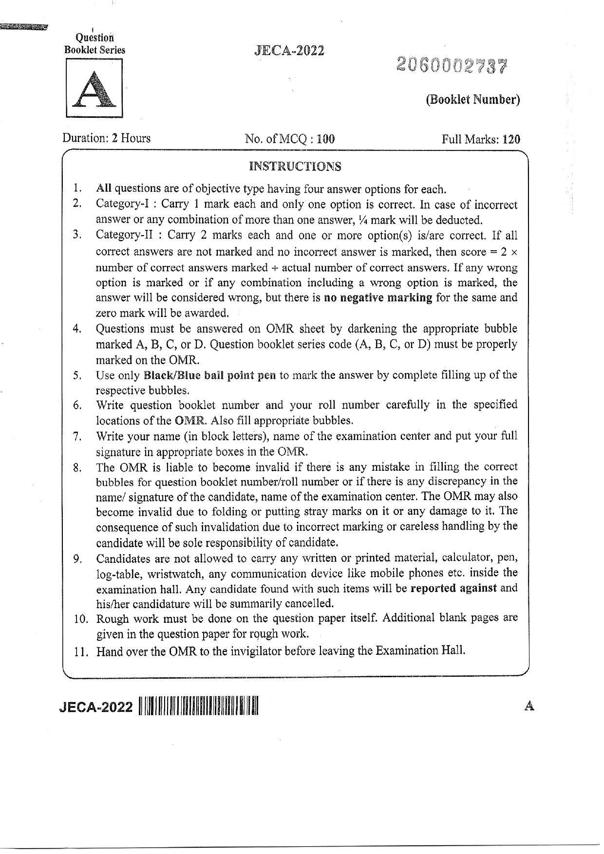 WB JECA 2022 Question Paper - Page 1