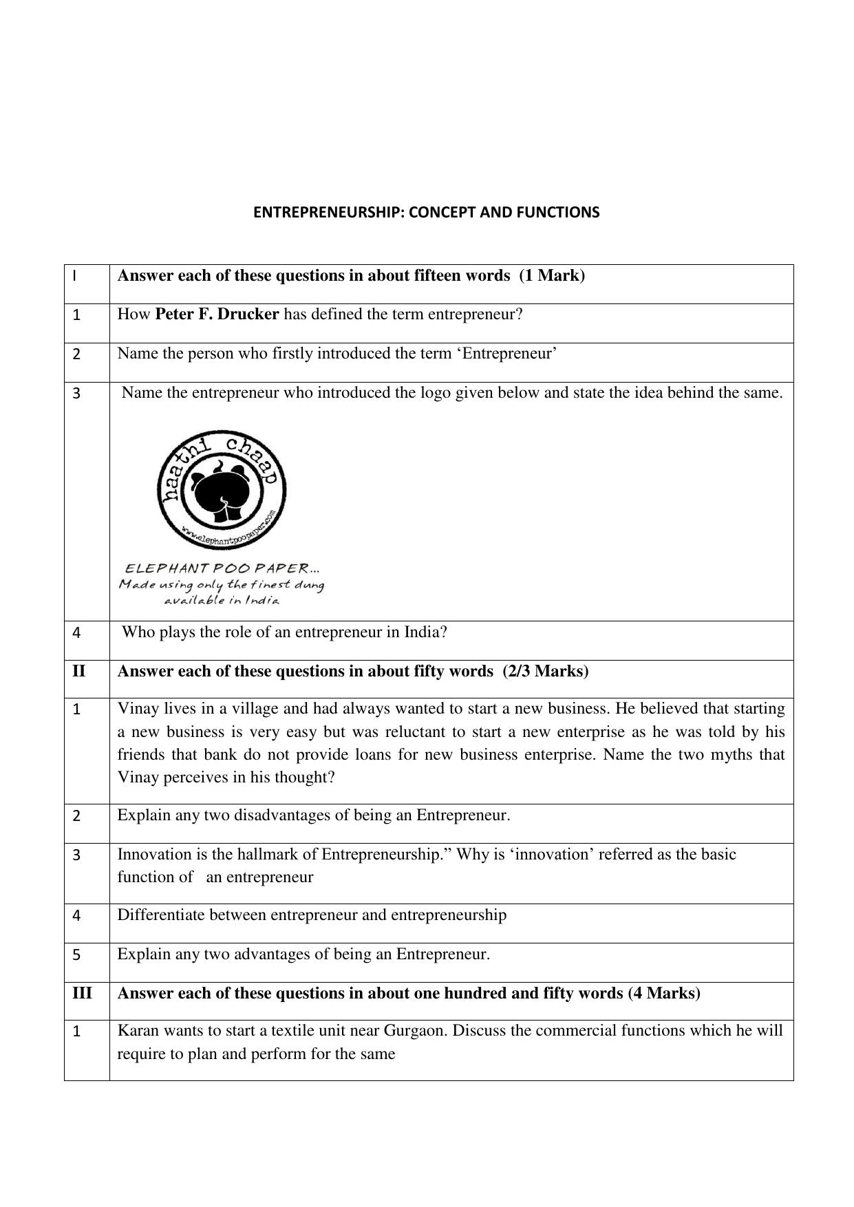 CBSE Worksheets for Class 11 Entrepreneurship Concept and Functions Assignment - Page 1