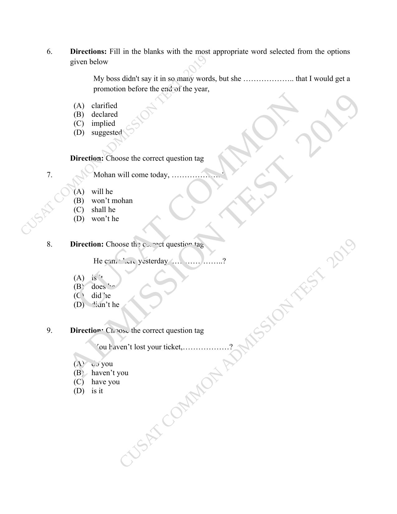 CUSAT CAT 2019 Blet Question Paper With Answer Key - Page 3