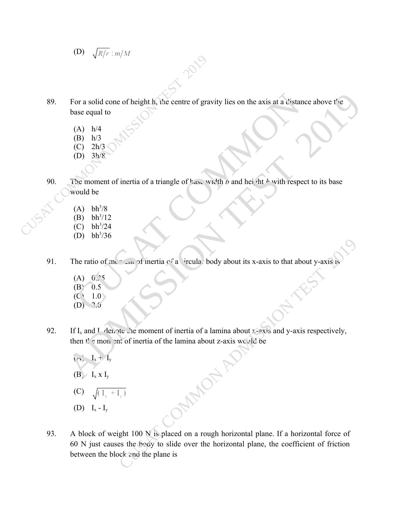 CUSAT CAT 2019 Blet Question Paper With Answer Key - Page 31