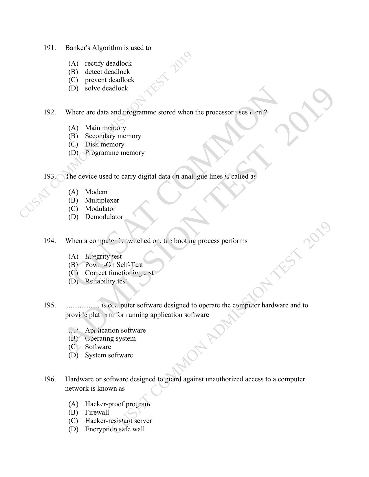CUSAT CAT 2019 Blet Question Paper With Answer Key - Page 52