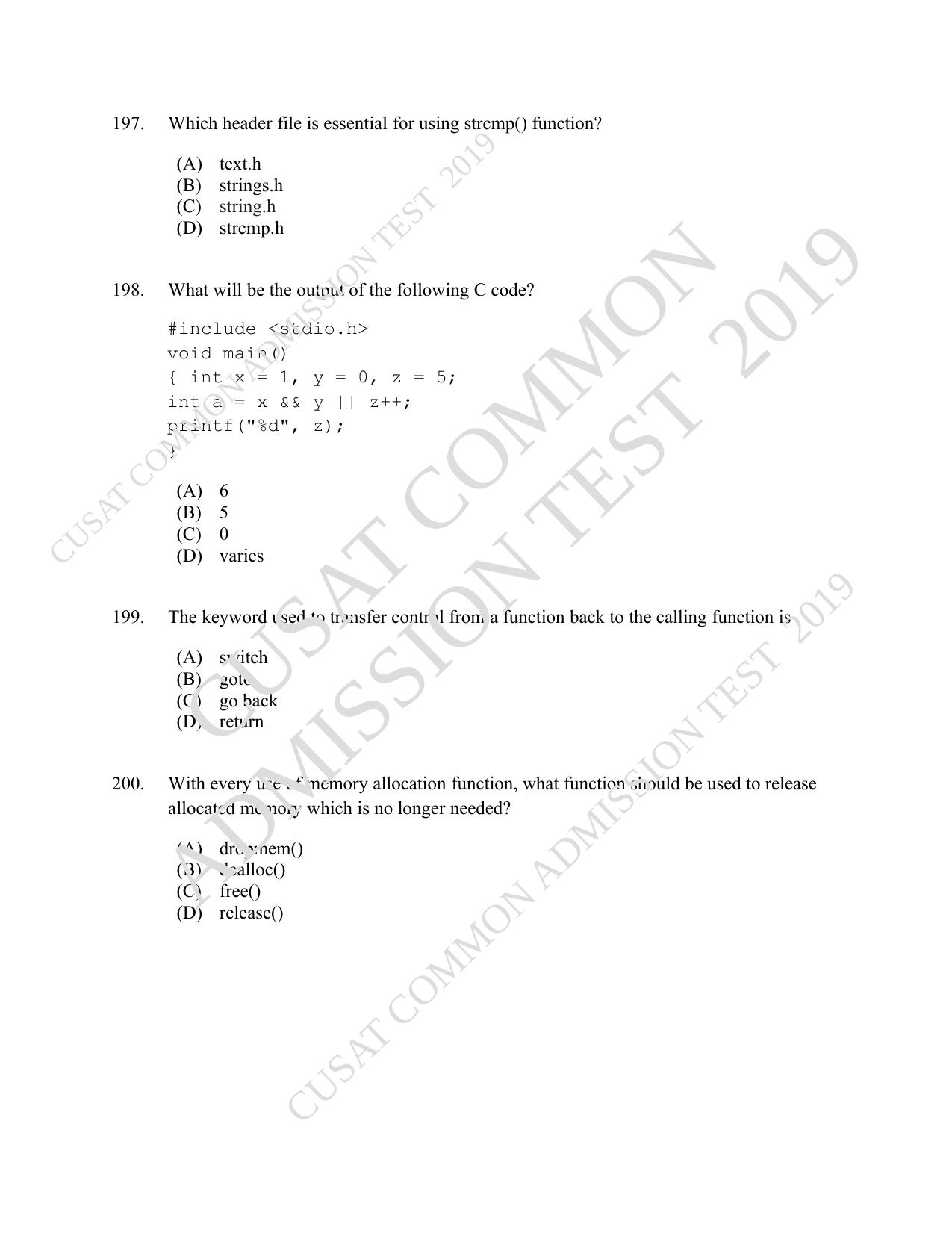 CUSAT CAT 2019 Blet Question Paper With Answer Key - Page 53