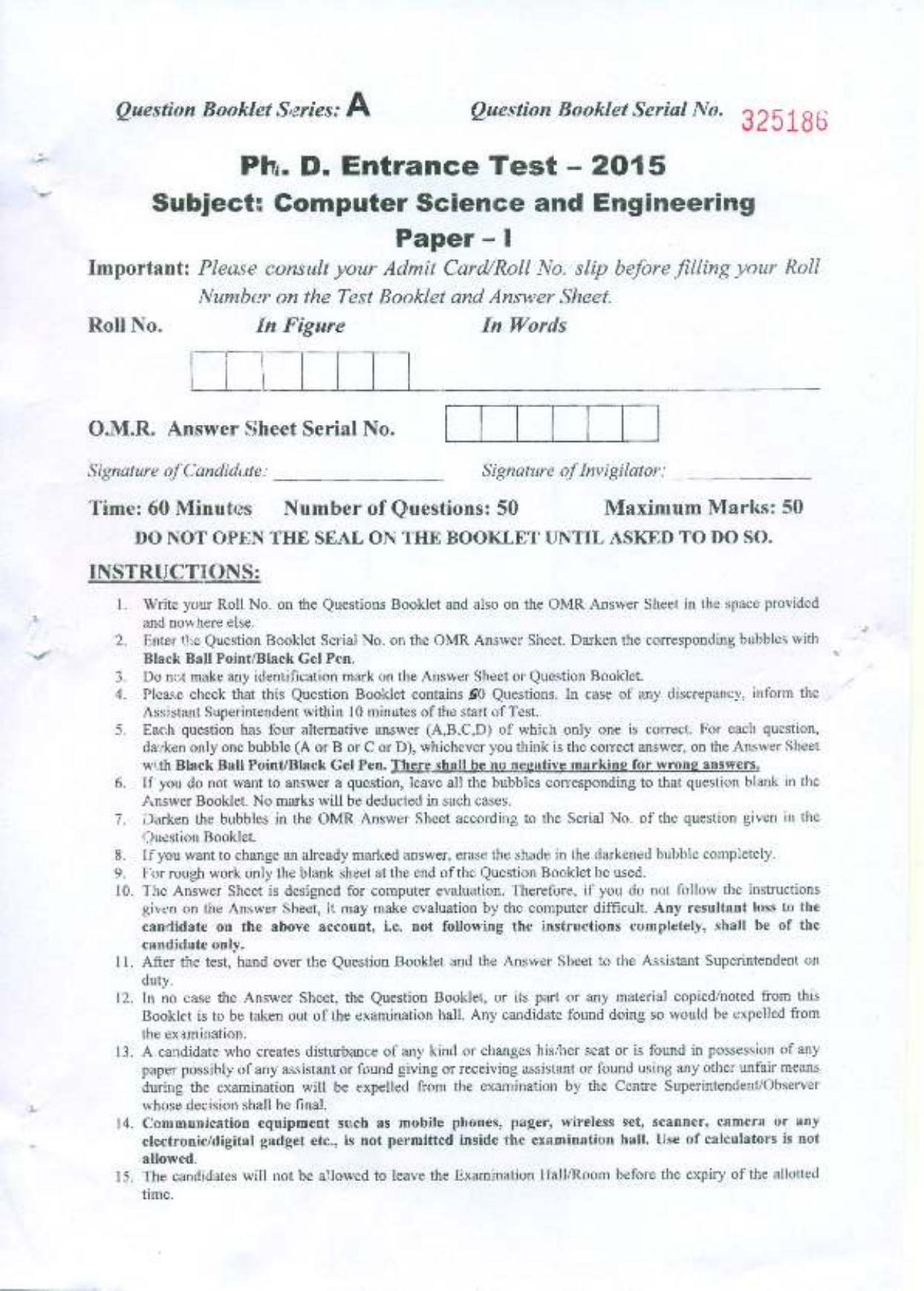 PU MPET Computer Science and Engineering 2015 Question Paper - Page 1