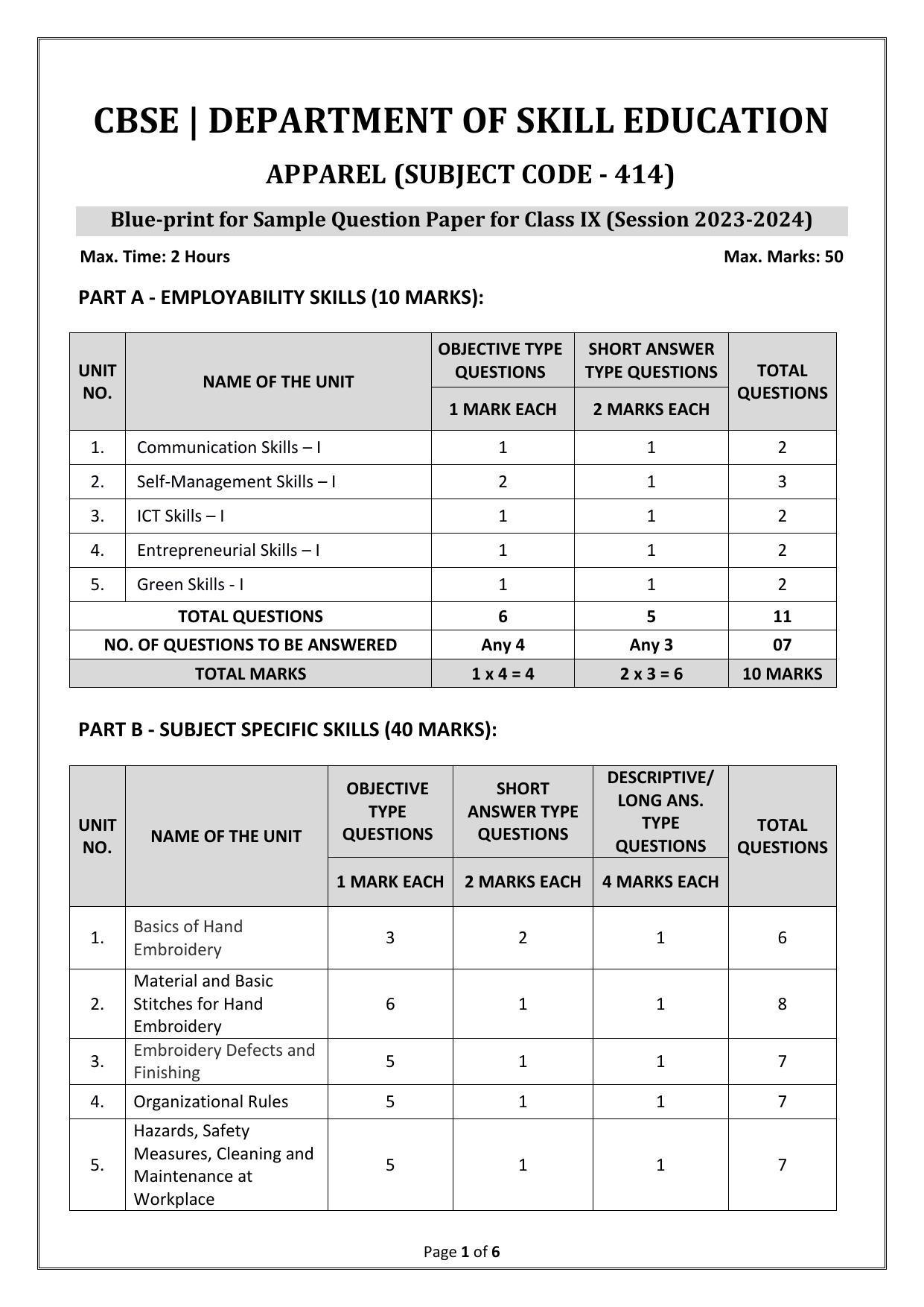 CBSE Class 9 Apparel Skill Education-Sample Paper 2024 - Page 1