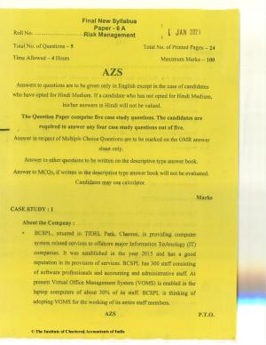 CA Final Jan 2021 Question Paper - Paper 6A – Risk Management