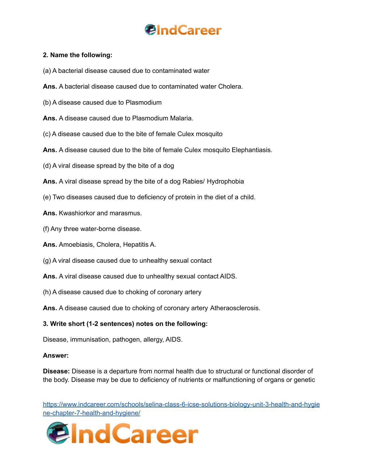Selina Class 6 ICSE Solutions Biology (Unit 3) - Health and Hygiene: Chapter 7- Health and Hygiene - Page 7