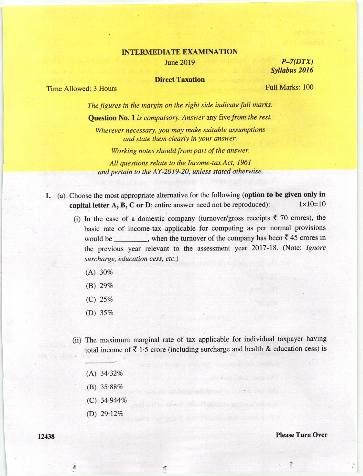 ICMAI June 2019 Direct Taxation Question Paper  - Page 1