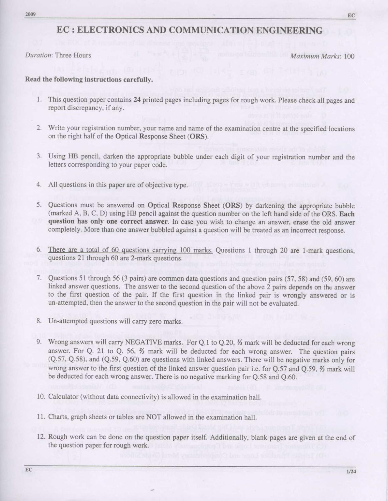 GATE 2009 Electronics and Communication Engineering (EC) Question Paper with Answer Key - Page 1