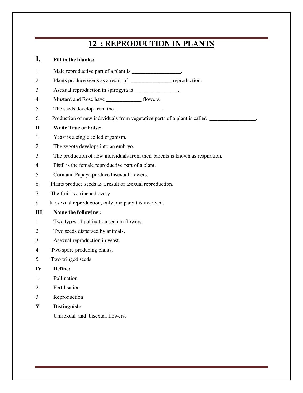 CBSE Worksheets for Class 7 Science Reproduction In Plants Assignment - Page 1