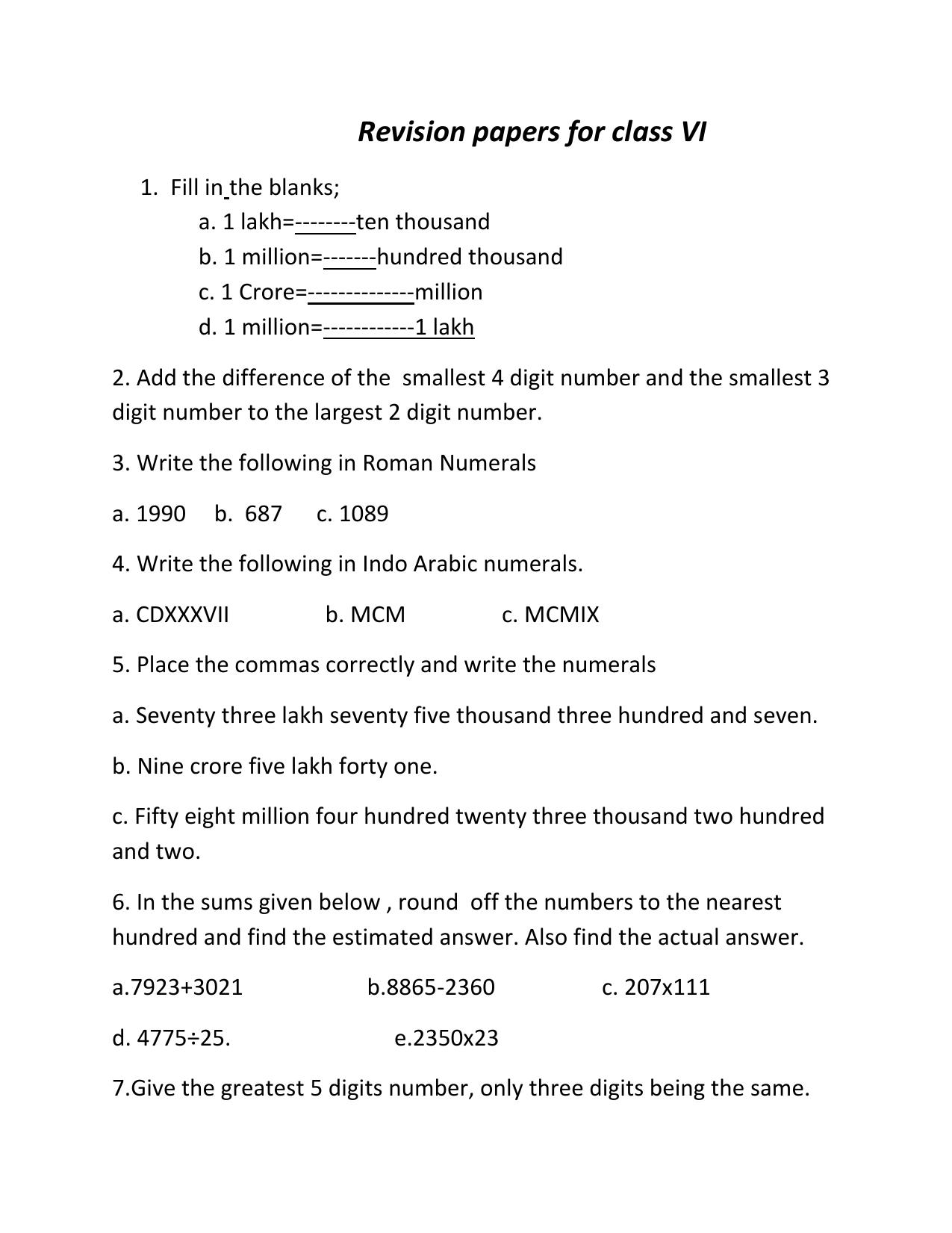 CBSE Worksheets for Class 6 Maths Assignment 2 - Page 1