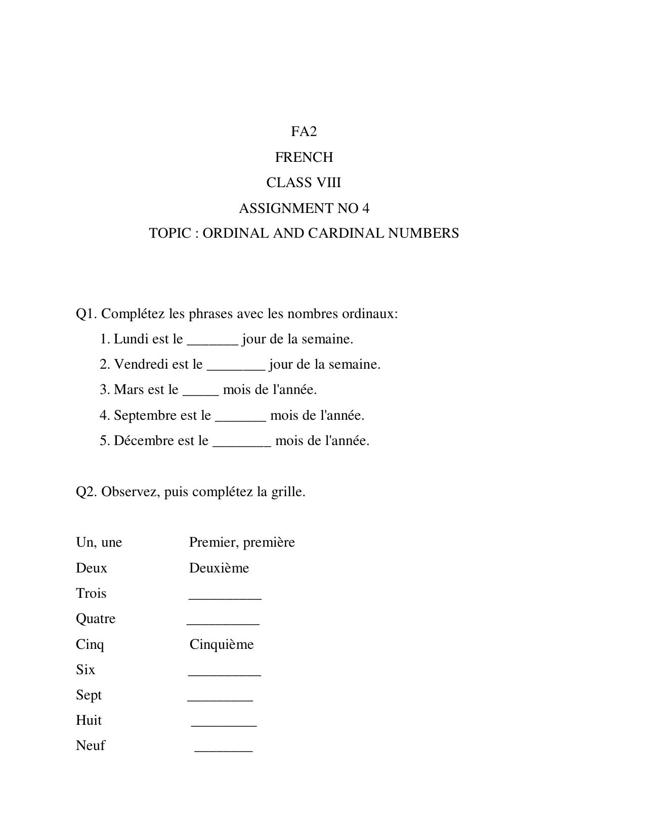 CBSE Worksheets for Class 8 French Assignment 4 - Page 1