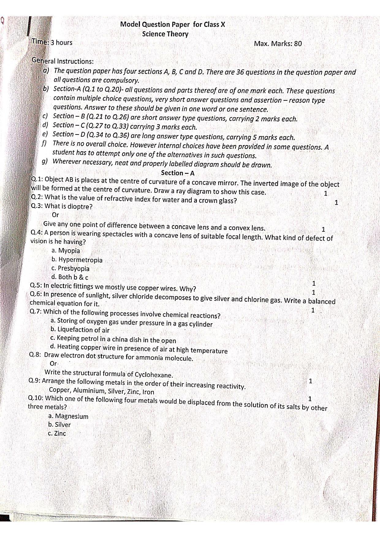 JKBOSE Class 10 Science Model Question Paper 2023 - Page 1