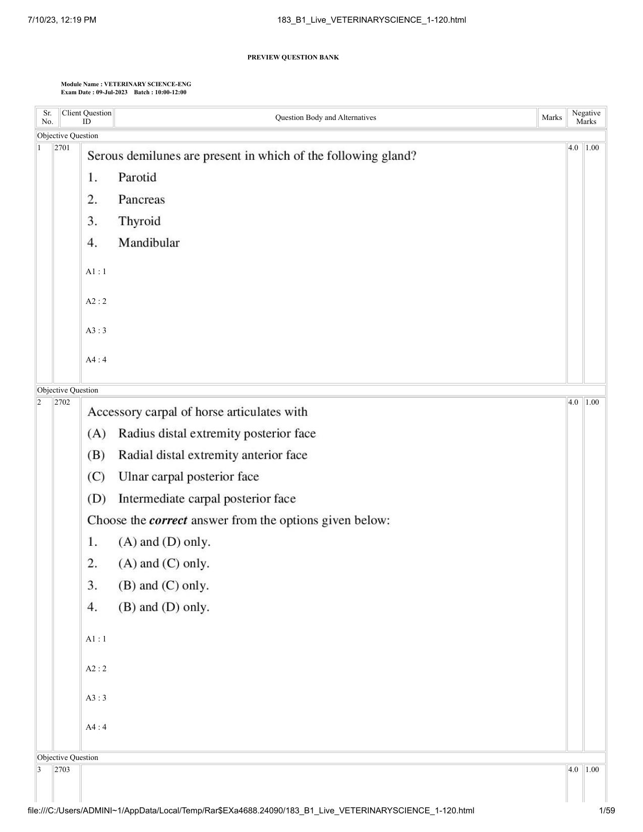 ICAR AIEEA PG 2023 VETERINARY SCIENCE Question Paper - Page 1