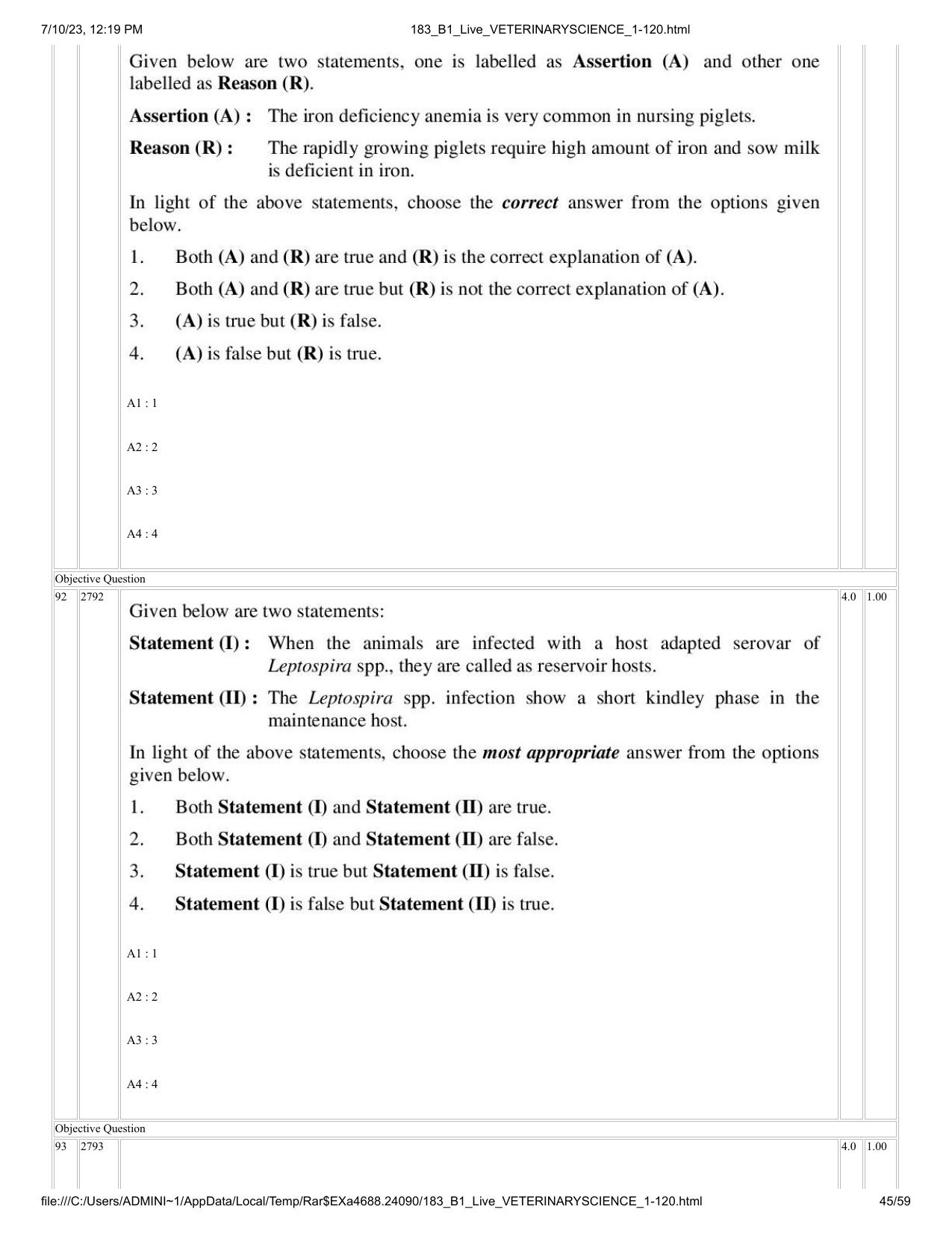 ICAR AIEEA PG 2023 VETERINARY SCIENCE Question Paper - Page 45
