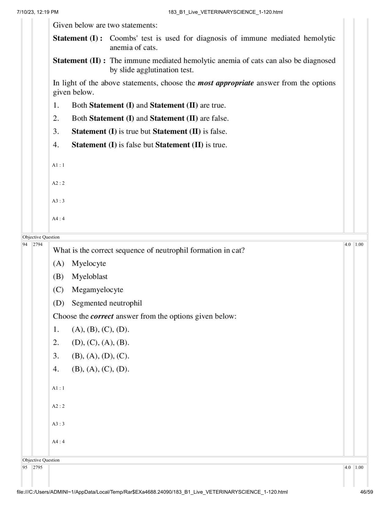 ICAR AIEEA PG 2023 VETERINARY SCIENCE Question Paper - Page 46