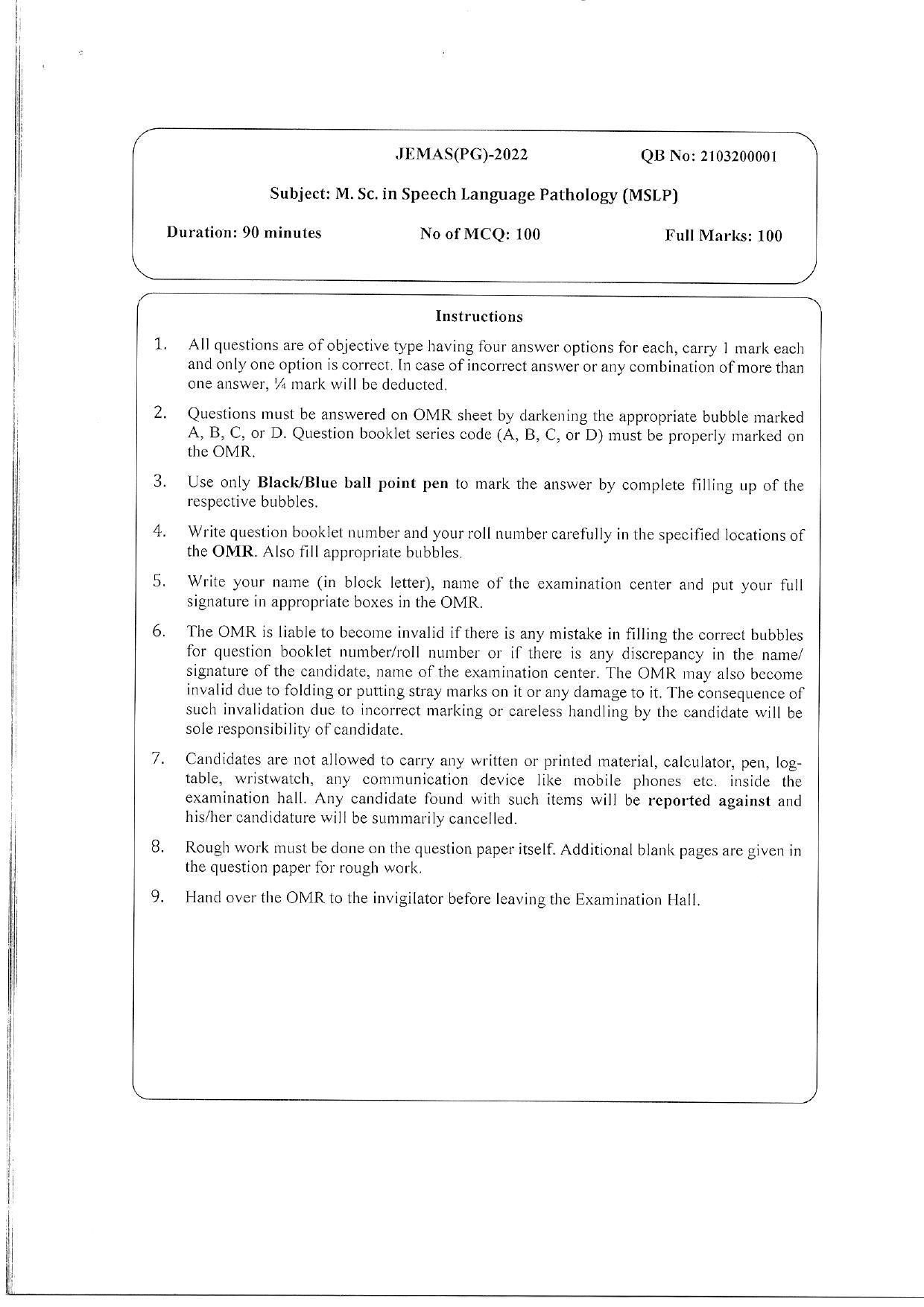 WBJEEB JEMAS (PG) 2022 MSLP Question Paper - Page 1