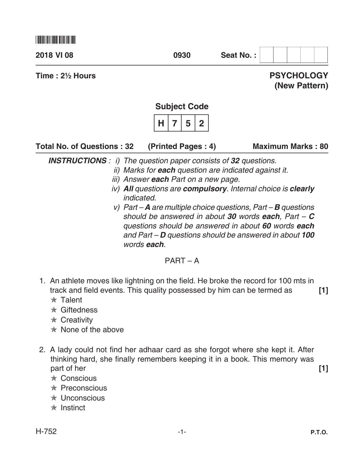 Goa Board Class 12 Psychology  752 New Pattern (June 2018) Question Paper - Page 1
