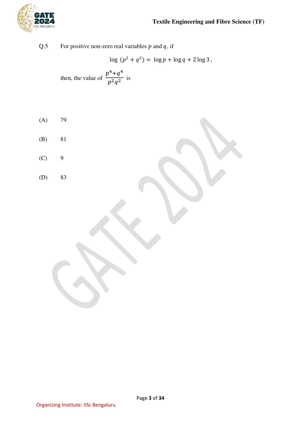 GATE 2024 Textile Engineering and Fibre Science (TF) Question Paper - Page 3