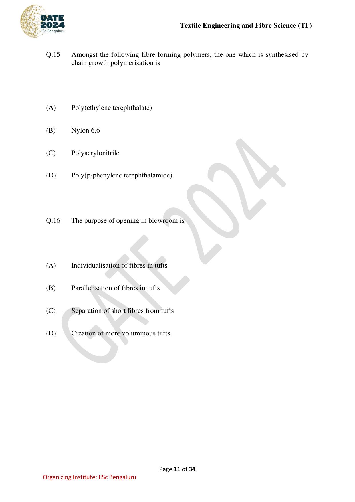 GATE 2024 Textile Engineering and Fibre Science (TF) Question Paper - Page 11
