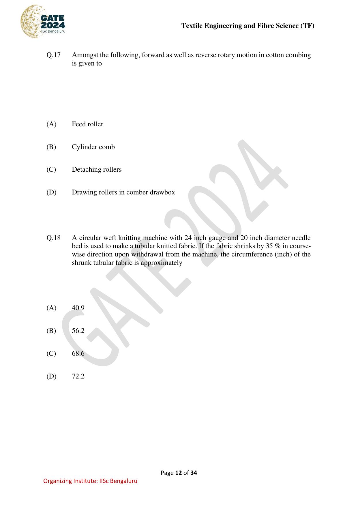 GATE 2024 Textile Engineering and Fibre Science (TF) Question Paper - Page 12