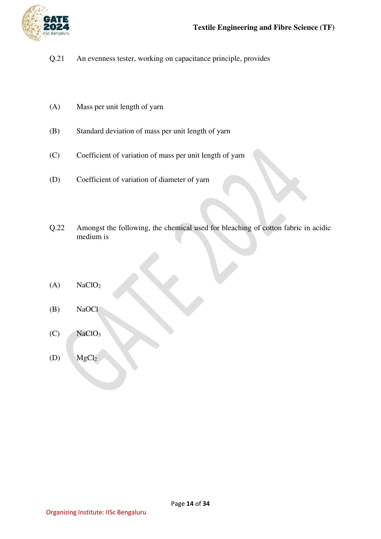 GATE 2024 Textile Engineering and Fibre Science (TF) Question Paper - Page 14