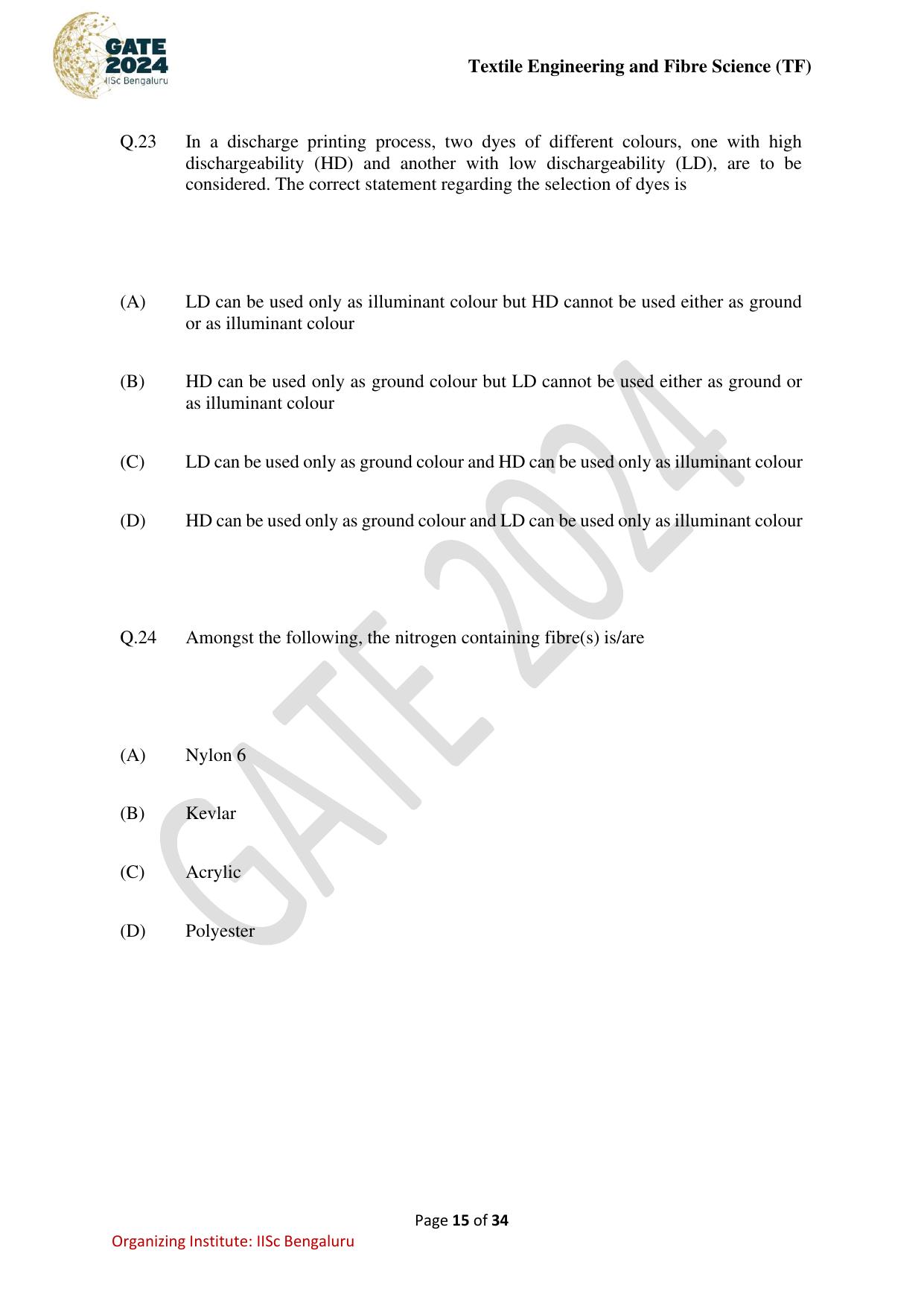 GATE 2024 Textile Engineering and Fibre Science (TF) Question Paper - Page 15