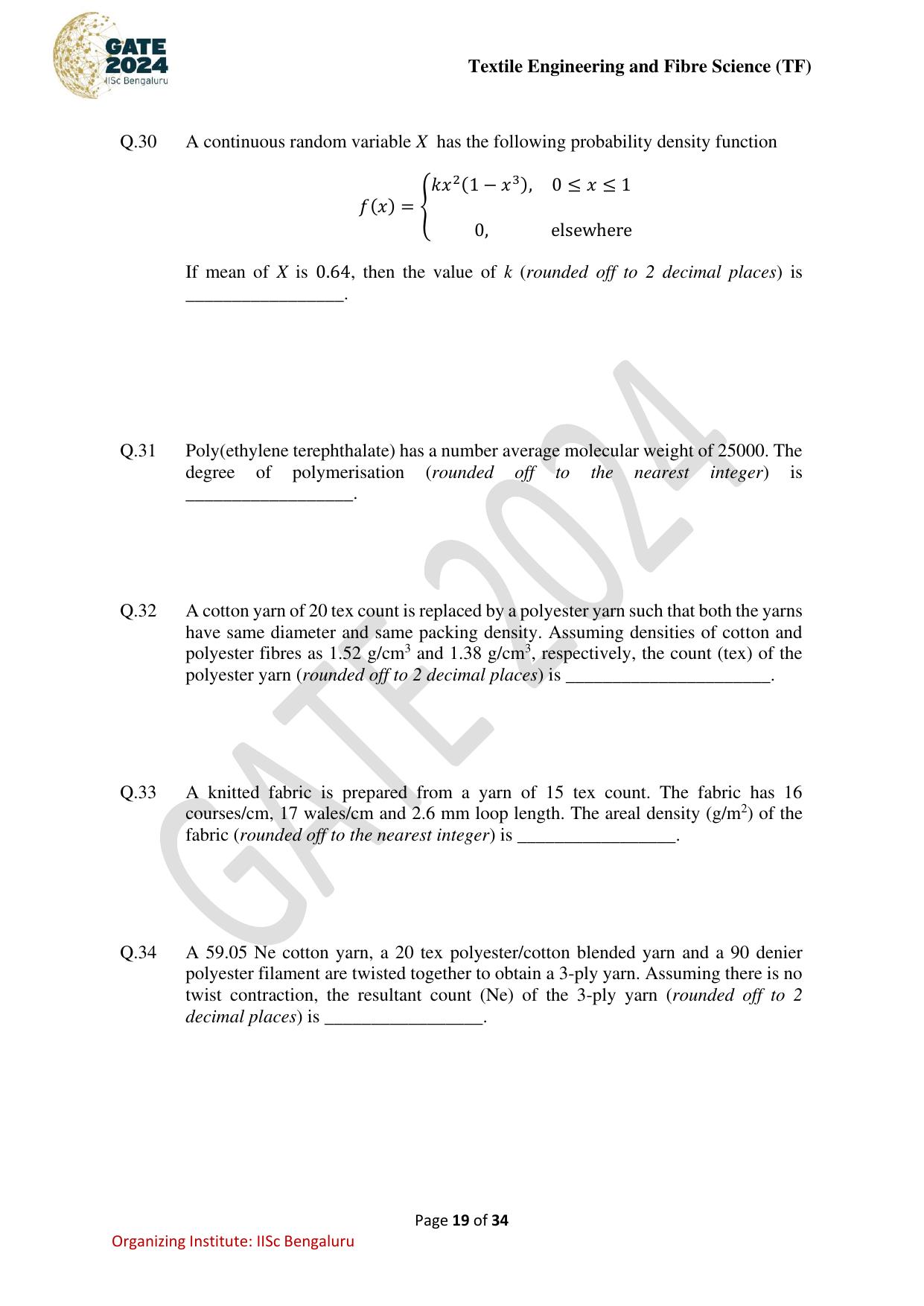 GATE 2024 Textile Engineering and Fibre Science (TF) Question Paper - Page 19