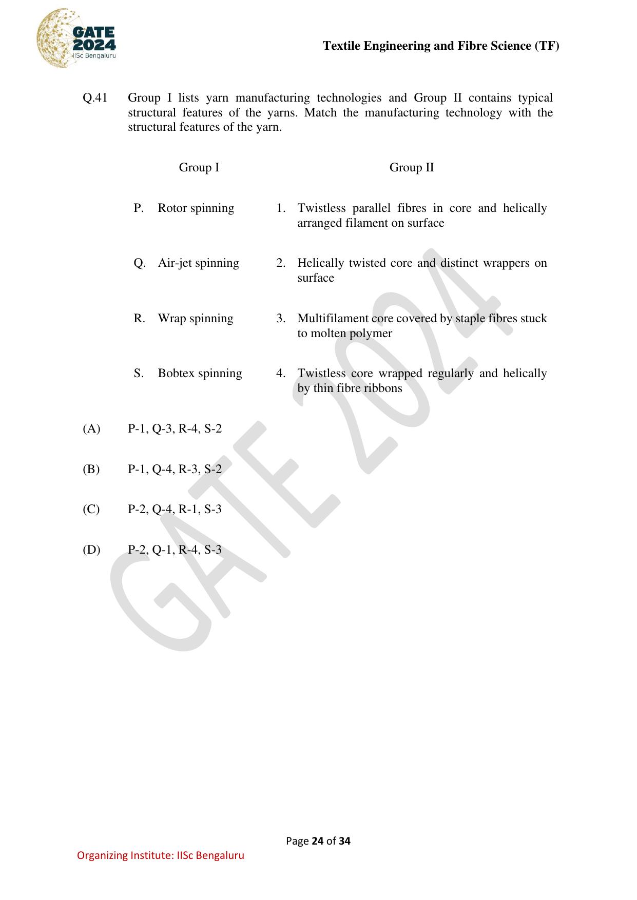 GATE 2024 Textile Engineering and Fibre Science (TF) Question Paper - Page 24