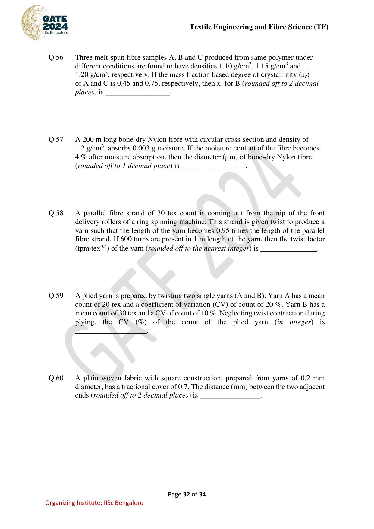 GATE 2024 Textile Engineering and Fibre Science (TF) Question Paper - Page 32