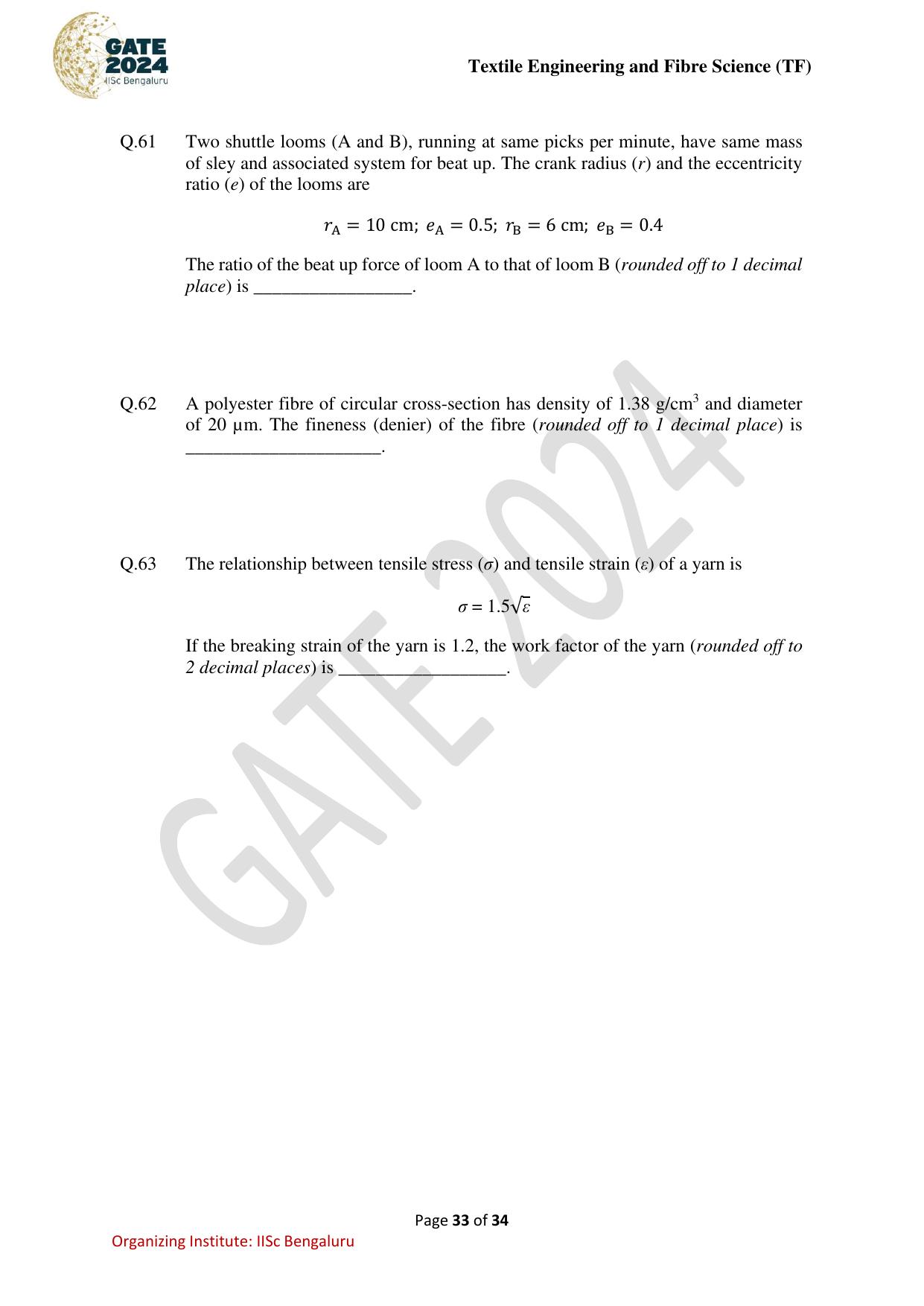 GATE 2024 Textile Engineering and Fibre Science (TF) Question Paper - Page 33
