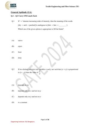 GATE 2024 Textile Engineering and Fibre Science (TF) Question Paper