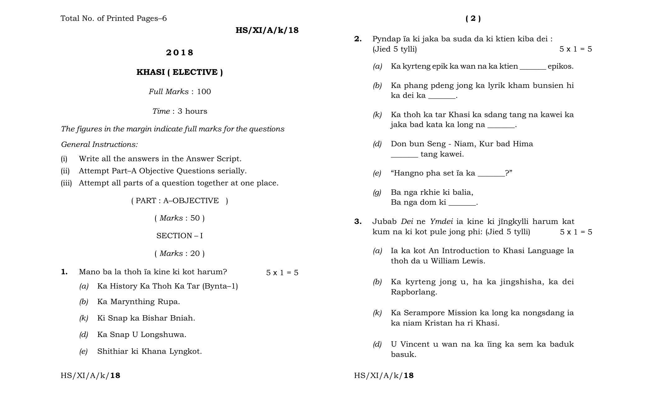 Meghalaya Board (MBOSE) Class 11 Khasi_Elective 2018 Question Paper - Page 1